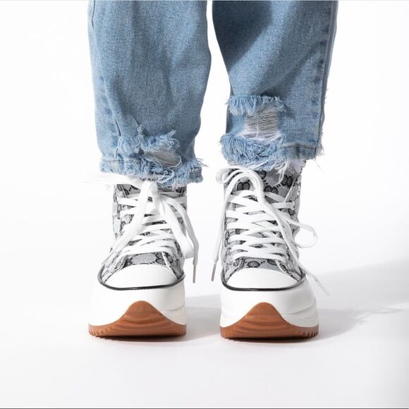 Black / Gray Printed Converse like Platform Sneakers - Picture 2 of 4